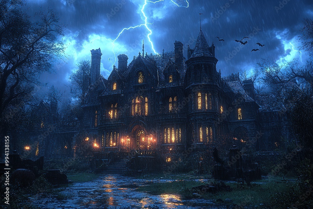 Scary Gothic castle on Halloween night, haunted palace or mansion for dark blue background. Spooky view of old mystery castle and bats in full moon. Horror scene with big gloomy house, fantasy place Scary Gothic castle on Halloween night, haunted palace or mansion for dark blue background. Spooky view of old mystery castle and bats in full moon. Horror scene with big gloomy house, fantasy place