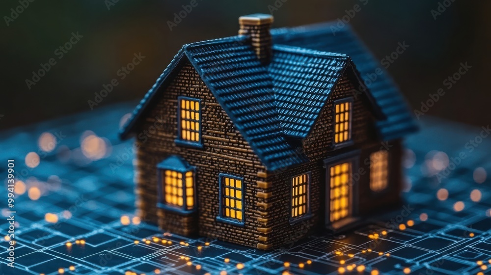 A miniature house with warm glowing windows set against a backdrop of intricate circuitry, symbolizing the interconnectedness of modern living and technology A miniature house with warm glowing windows set against a backdrop of intricate circuitry, symbolizing the interconnectedness of modern living and technology