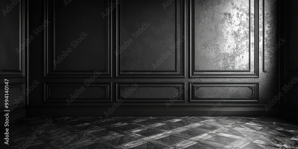 A minimalist black and white interior with ornate molding and a geometric tiled floor A minimalist black and white interior with ornate molding and a geometric tiled floor