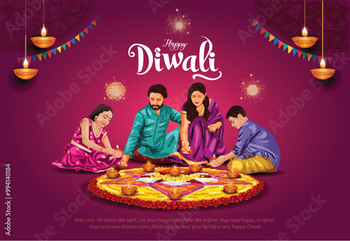 Indian festival of lights Happy Diwali with happy family, holiday Background, Diwali celebration greeting card, abstractvector illustration design.