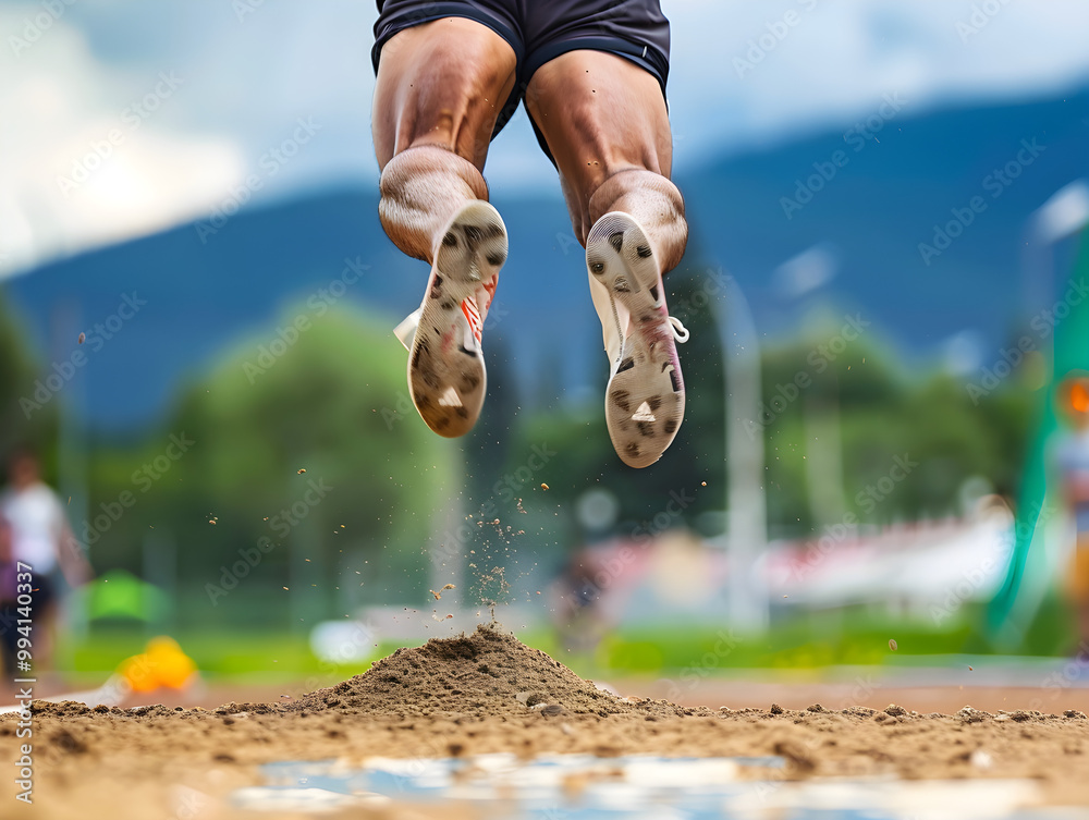 Athlete in mid-jump, arms outstretched, competing in a long jump ...