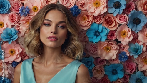 Beautiful Caucasian Woman Posing with pink flowers