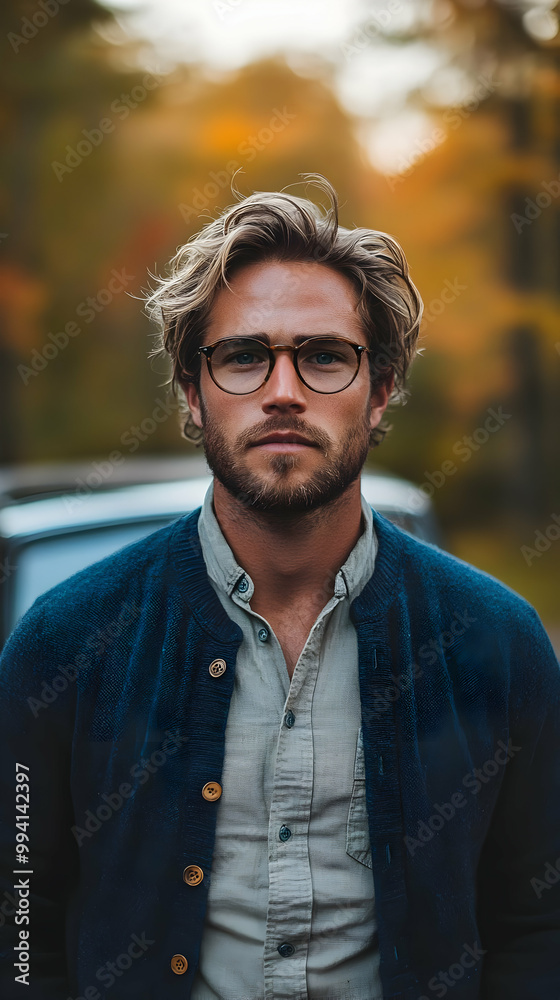 A Man in Glasses and a Cardigan Poses for a Portrait in Front of a Blurry Autumn Background A Man in Glasses and a Cardigan Poses for a Portrait in Front of a Blurry Autumn Background