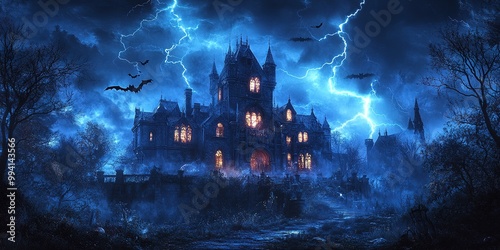 Scary Gothic castle on Halloween night, haunted palace or mansion for dark blue background. Spooky view of old mystery castle and bats in full moon. Horror scene with big gloomy house, fantasy place