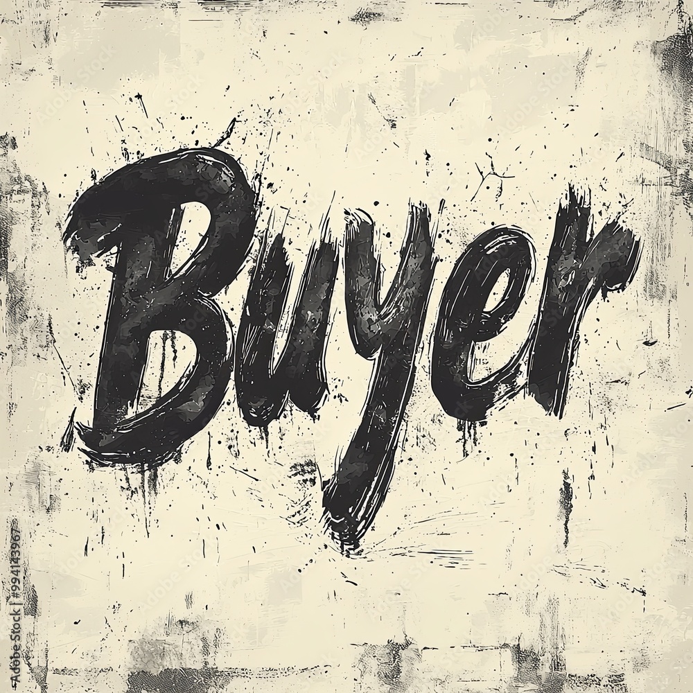 The image features the word 'Buyer' created with bold, rough brushstrokes against a distressed canvas background, embodying a raw, gritty artistic style.