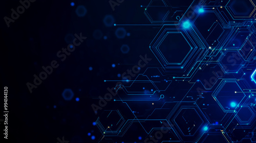 Blue tech background featuring circuit lines and hexagons, vector design for business, technology, or science themes.