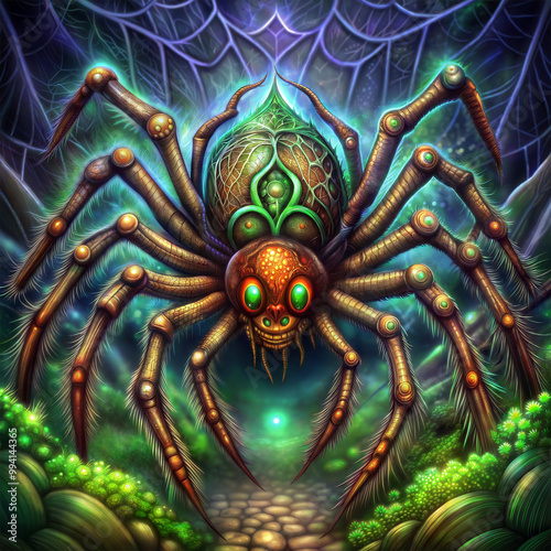 A spider with green eyes and a green body is shown in a green background. The spider is surrounded by green plants and rocks. The spider is the main focus of the image, and the green background