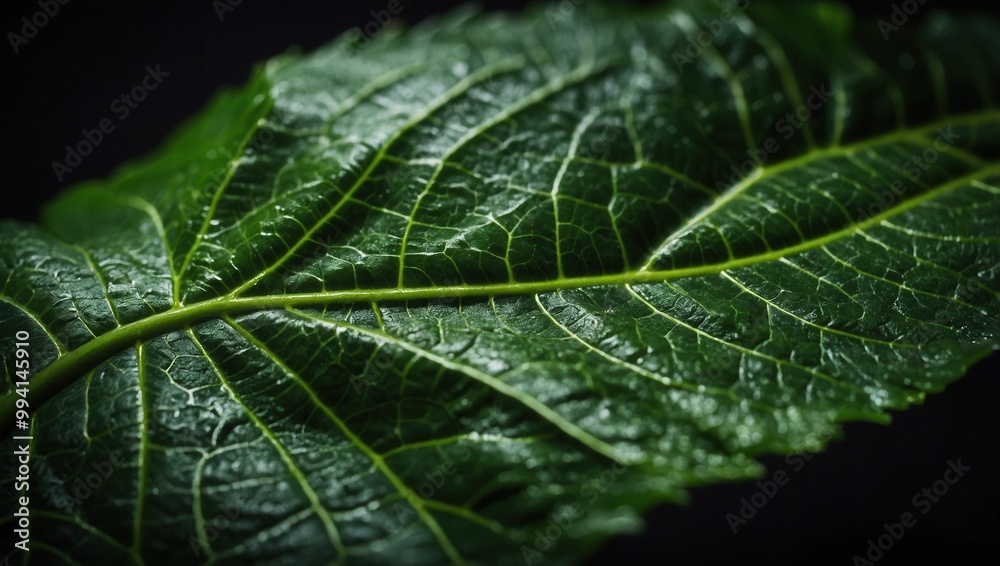 Close-up of green leaf with detailed veins and glossy surface Close-up of green leaf with detailed veins and glossy surface