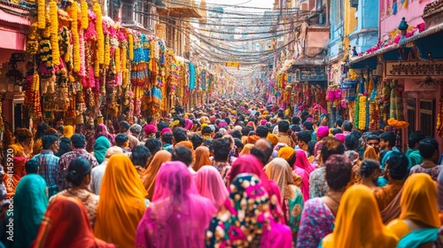 Vibrant photos of cultural or religious festivals with colorful clothing, decorations, and lively scenes. 