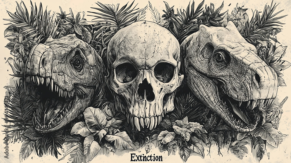 Fototapeta premium A detailed black and white illustration depicting the concept of extinction, with two dinosaur heads and a human skull surrounded by foliage, symbolizing loss and history.