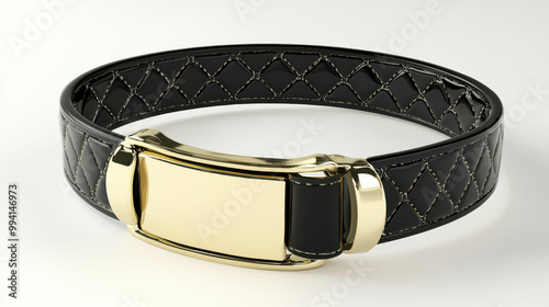 A stylish black belt featuring a quilted design and a shiny gold buckle, ideal for adding a touch of elegance to any outfit.