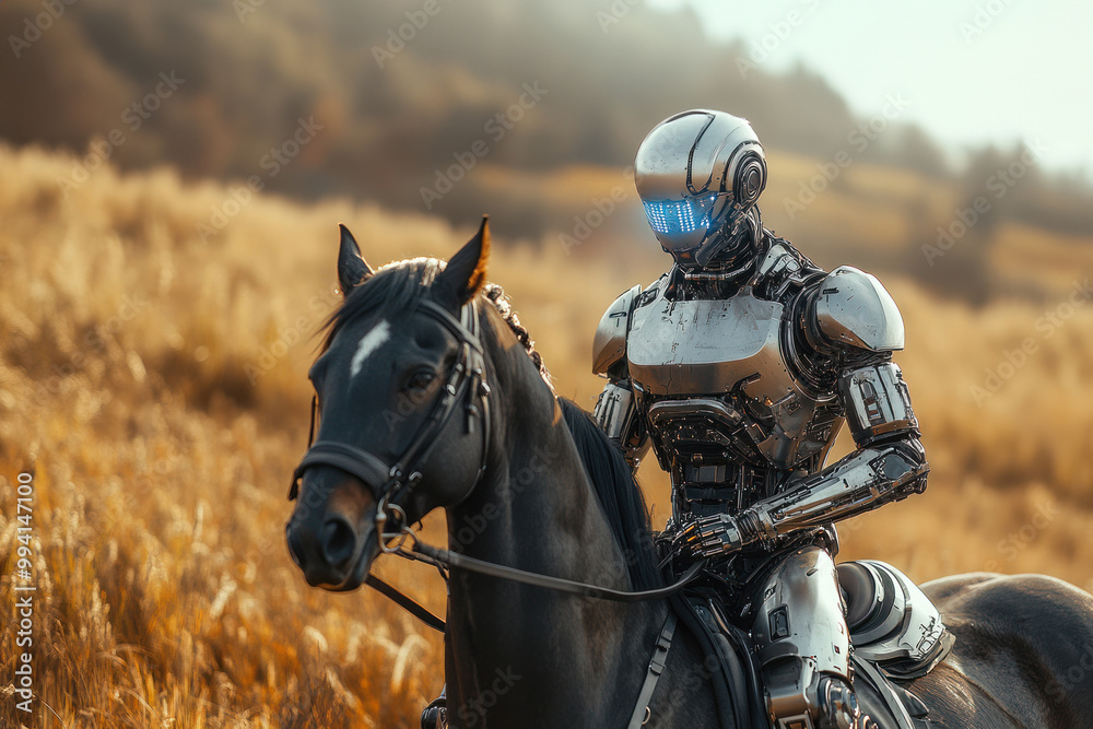 Cyborg rider in a field, a fusion of nature and tech Cyborg rider in a field, a fusion of nature and tech