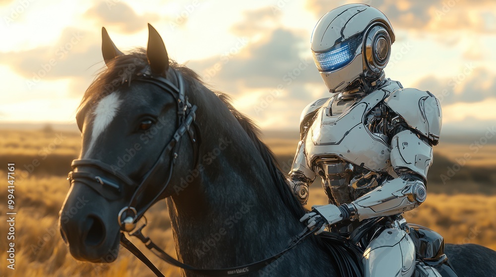 Robot on horse at sunset, blend of modern and nature. Robot on horse at sunset, blend of modern and nature.