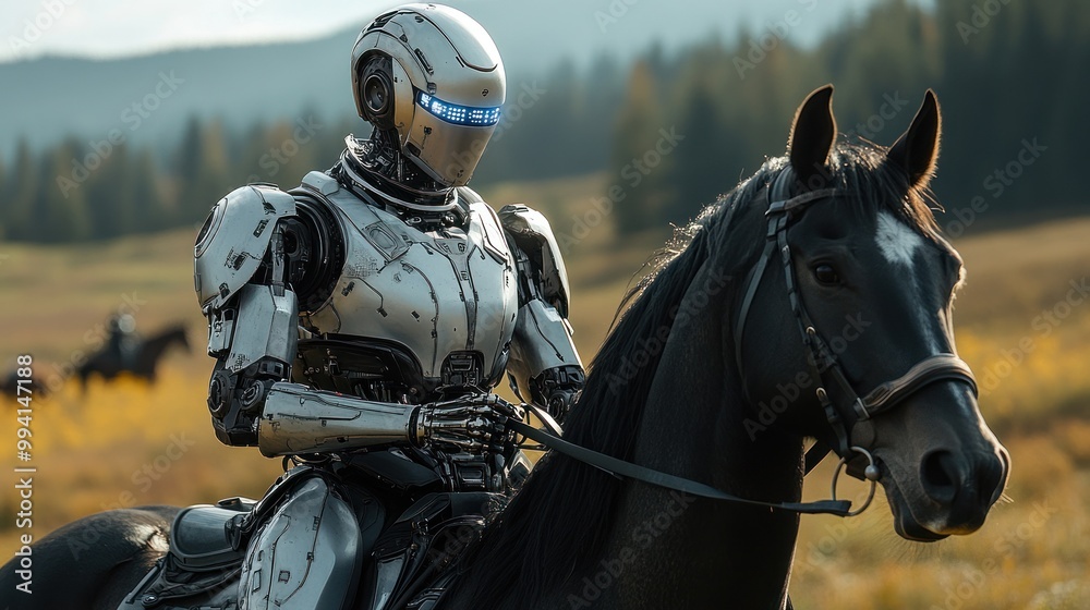 Obraz premium Metallic robot horse rider in scenic landscape, cloudy sky.