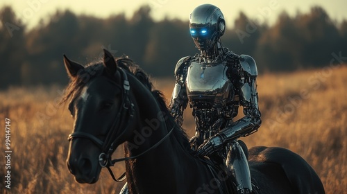 Cyborg with glowing eyes on horse at dusk in meadow.