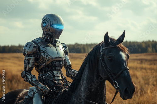 Cyborg on a black horse in a wide open grassland.