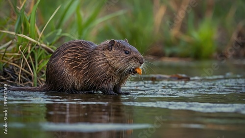 Wild animal Muskrat eats on the lake