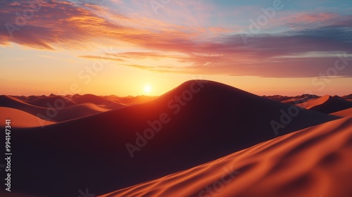 Capturing the warm glow of the sun setting over vast desert dunes or rock formations. 