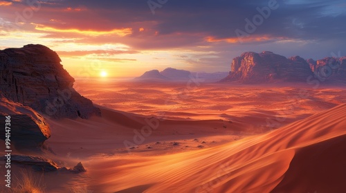 Capturing the warm glow of the sun setting over vast desert dunes or rock formations.