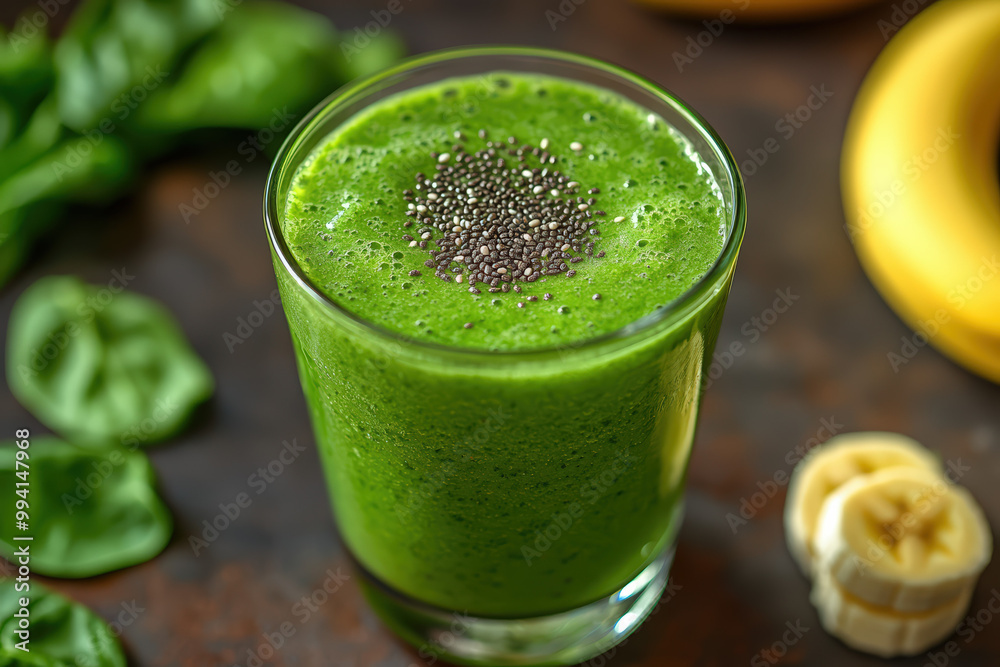 Vibrant green smoothie with banana and spinach, topped with chia seeds, perfect for health and wellness themes. Vibrant green smoothie with banana and spinach, topped with chia seeds, perfect for health and wellness themes.