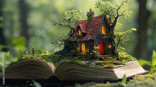 Illustrate a magical world hidden within the pages of a book, with characters and scenes coming to life as the pages turn. photo