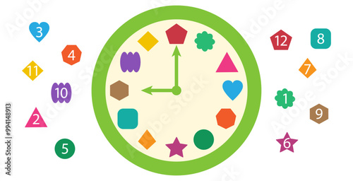 Child time clock, education game, learn preschool, geometric study, kid school match, sorting kid colorful puzzle elementary shape with different number. Simple vector illustration