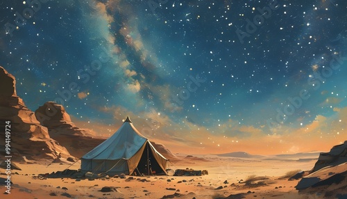 Nomadic Tent Beneath a Starry Desert Sky with Travelers Resting Before the Next Adventure photo