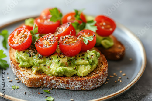 Delicious avocado toast topped with fresh cherry tomatoes and herbs, perfect for a healthy breakfast or brunch.