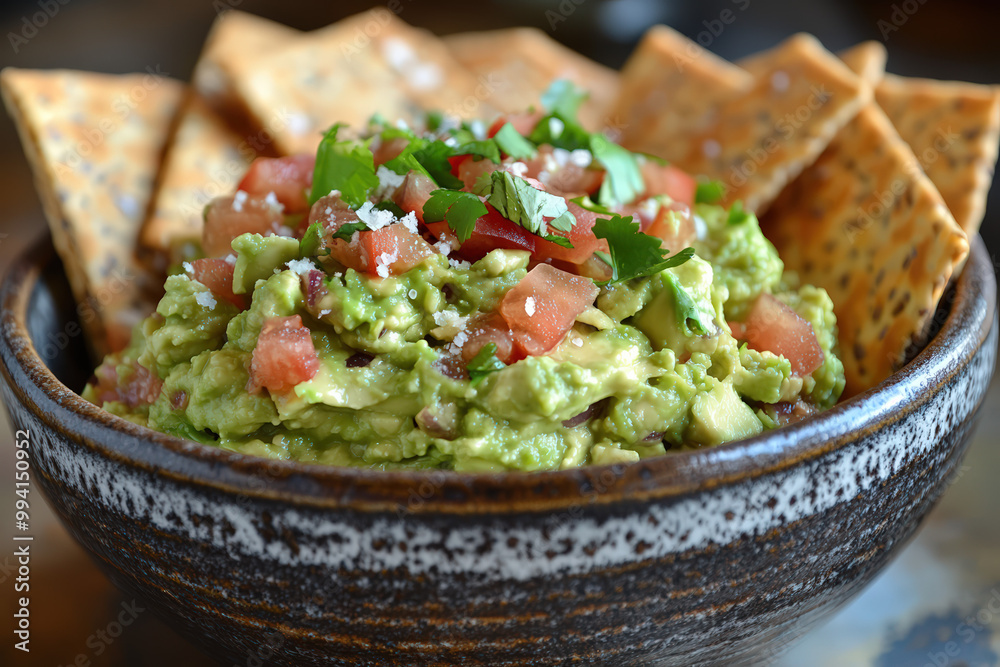 Delicious guacamole served in a bowl with crispy crackers, garnished with fresh tomatoes and cilantro. Delicious guacamole served in a bowl with crispy crackers, garnished with fresh tomatoes and cilantro.