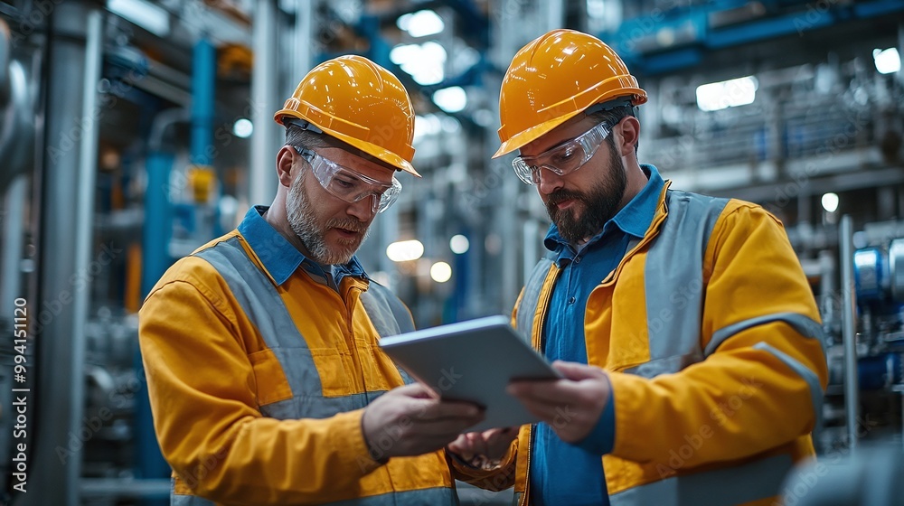 construction site scene featuring two men in hardhats looking at a tablet demonstrating their commitment to safety, collaboration, and technology in project management construction site scene featuring two men in hardhats looking at a tablet demonstrating their commitment to safety, collaboration, and technology in project management