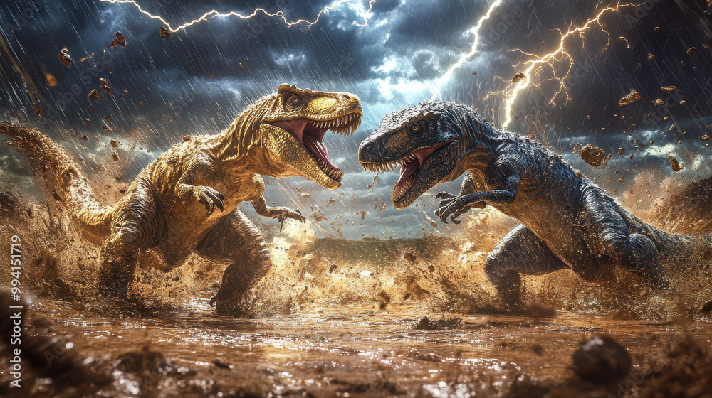 Fototapeta premium A pair of dinosaurs locked in an intense battle on a rain-soaked plain, their scales glistening under the stormy sky