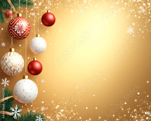 Christmas background, Christmas tree white red balls on a golden yellow background with a copy space