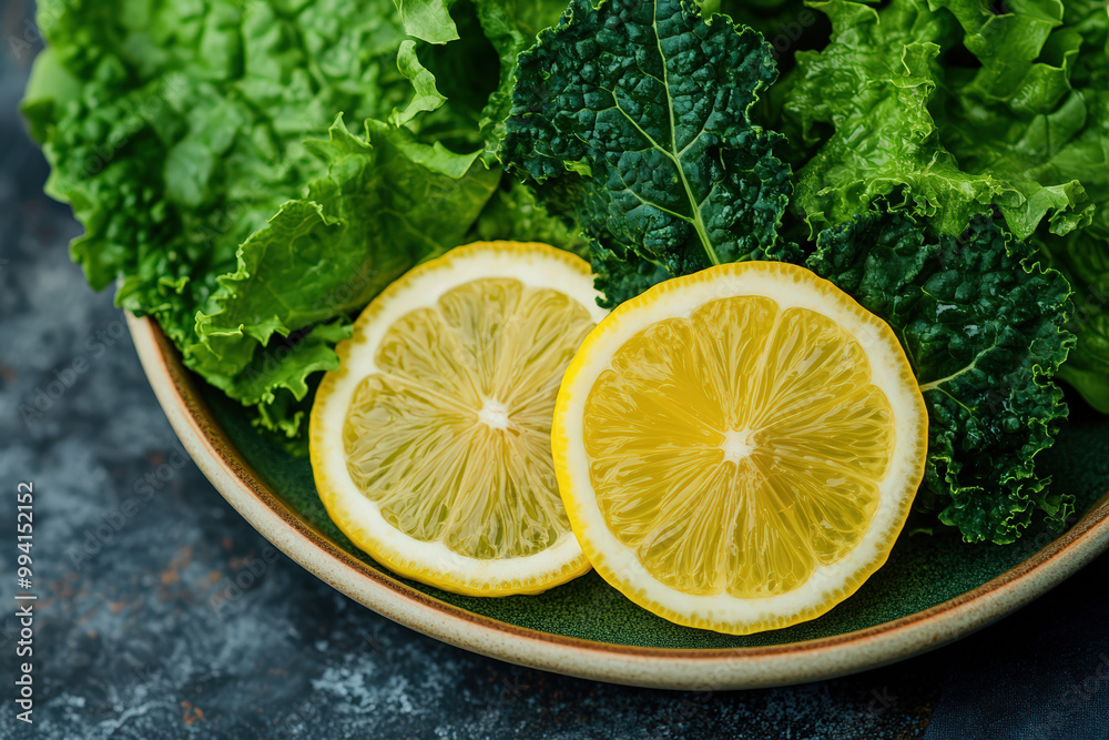 Fresh lemon slices on a bed of vibrant green salad leaves, ideal for healthy food concepts and culinary presentations. Fresh lemon slices on a bed of vibrant green salad leaves, ideal for healthy food concepts and culinary presentations.