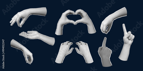 Trendy halftone collage elements. Set gestures collection on a dark background. Various hands signs grunge punk dotted stickers. Modern retro vector illustration.