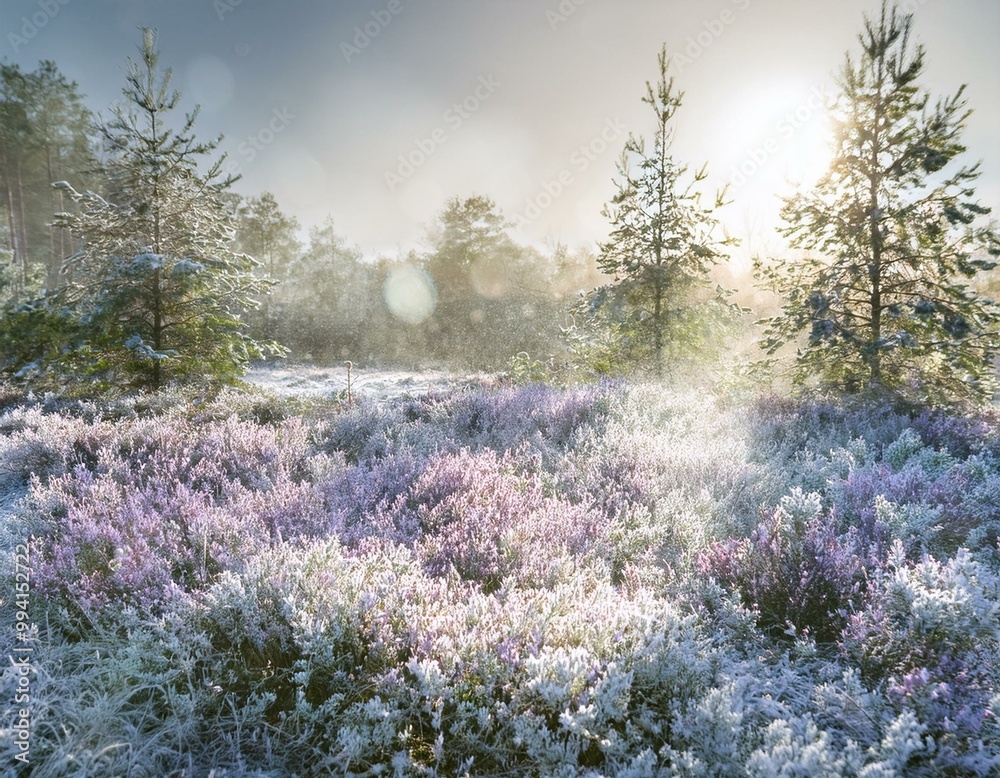 Beautiful snowy winter Christmas background. Bright pale blurred landscape with purple heather flowers and pine tree forest, snow falling, golden bokeh light.
Beautiful snowy winter Christmas background. Bright pale blurred landscape with purple heather flowers and pine tree forest, snow falling, golden bokeh light.