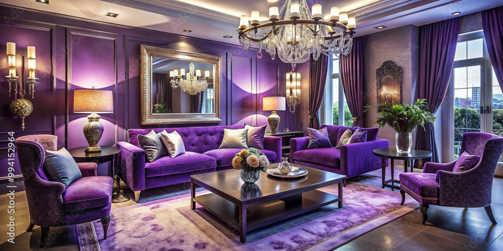 Elegant luxury purple living room with modern furniture, plush textiles