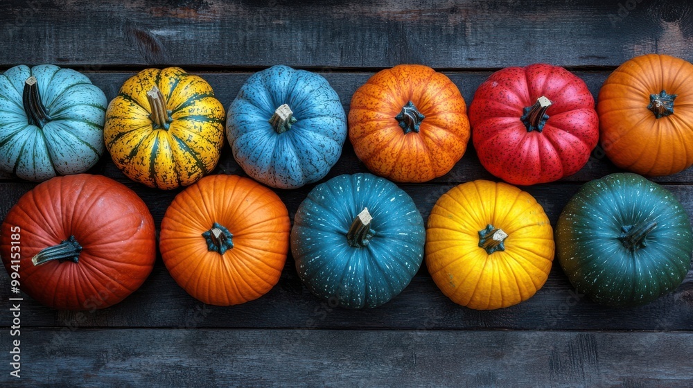 A Row of Colorful Pumpkins on a Rustic Wooden Background A Row of Colorful Pumpkins on a Rustic Wooden Background