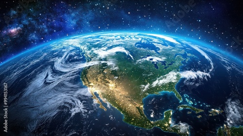 satellite view of planet earth focused on north america usa canada mexico and central america deep space and star constellations behind elements of this image furnished .stock image