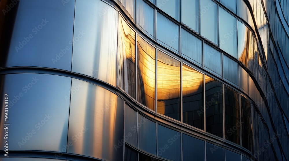 Obraz premium Get close to a curved metal surface on a modern building, emphasizing the texture, reflections, and patterns in the material.