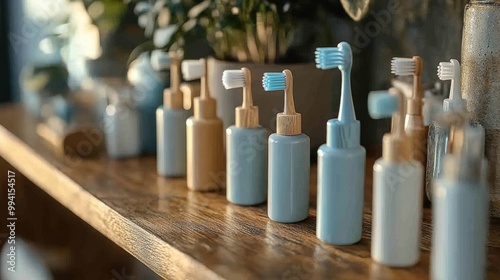 A row of sleek, blue and tan bottles with wooden tops, each topped with a bright blue toothbrush, sit on a wooden shelf, capturing a moment of minimalist beauty and hygiene