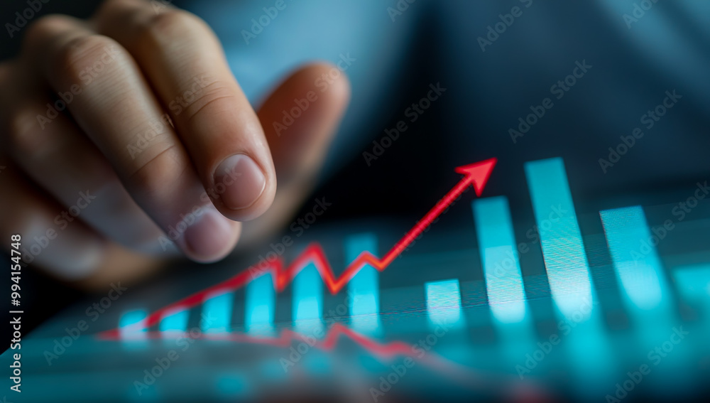 Businessman touching a growth graph bar chart on a virtual screen with a grey background. Businessman touching a growth graph bar chart on a virtual screen with a grey background.