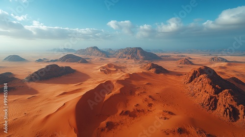 an ultra-wide landscape shot of a desert featuring red sand dunes that extend into the distance, capturing the essence of wilderness and the beauty of nature