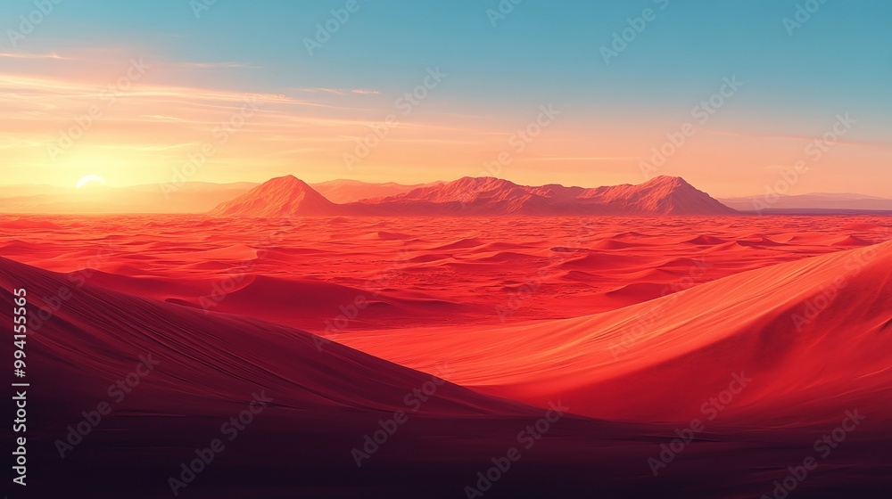 Naklejka premium an ultra-wide landscape shot of a desert featuring red sand dunes that extend into the distance, capturing the essence of wilderness and the beauty of nature