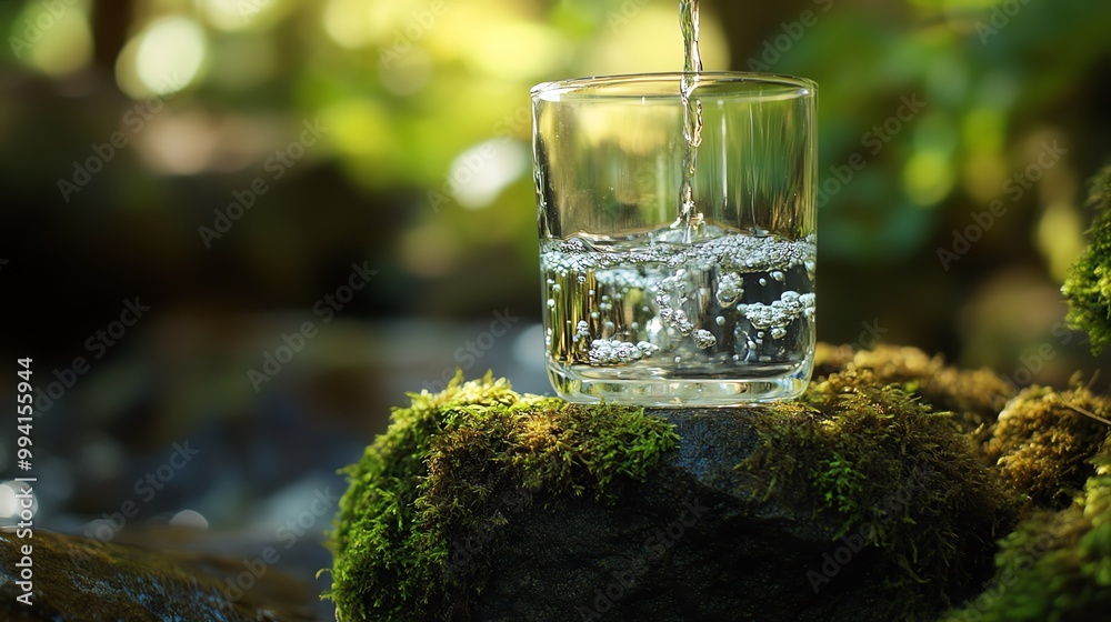 A refreshing glass filled with sparkling water sits on a mossy rock, surrounded by tranquil nature and flowing streams. A refreshing glass filled with sparkling water sits on a mossy rock, surrounded by tranquil nature and flowing streams.