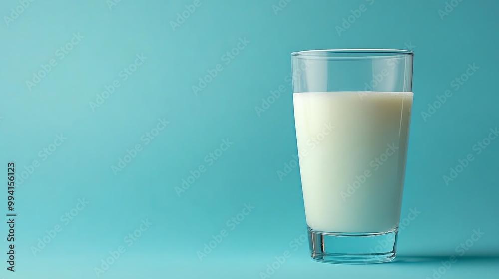 A refreshing glass of milk stands against a vibrant turquoise background, showcasing its creamy texture and inviting appearance. A refreshing glass of milk stands against a vibrant turquoise background, showcasing its creamy texture and inviting appearance.