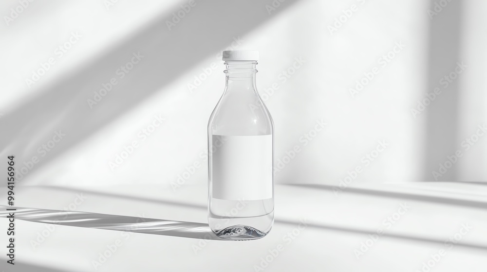 Minimalistic glass bottle with empty label, perfect for product photography and branding on a clean, bright background. Minimalistic glass bottle with empty label, perfect for product photography and branding on a clean, bright background.