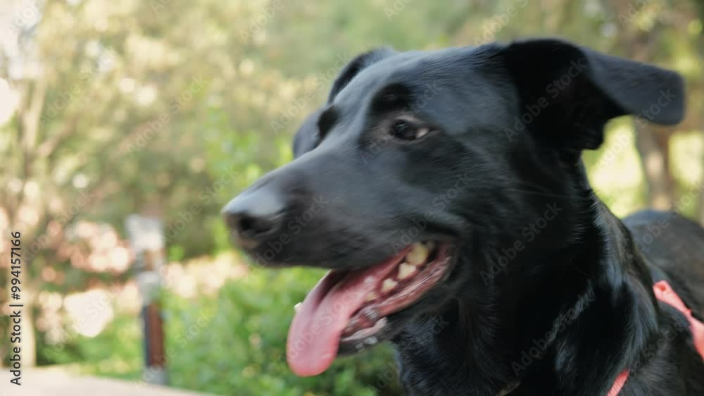A black dog is walking on a leash near a wooden fence in this lively urban setting A black dog is walking on a leash near a wooden fence in this lively urban setting