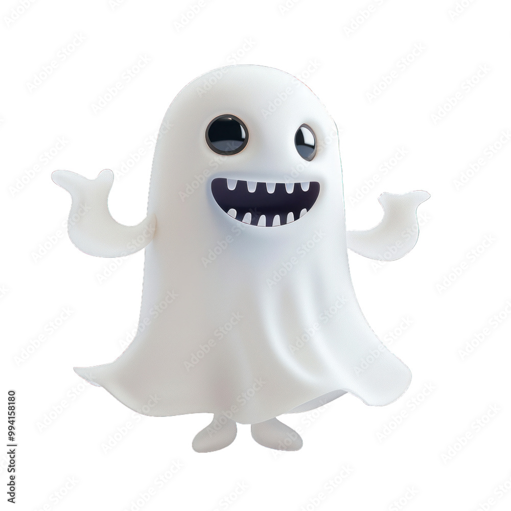 Friendly cartoon ghost is waving and smiling, showing off its big teeth Friendly cartoon ghost is waving and smiling, showing off its big teeth