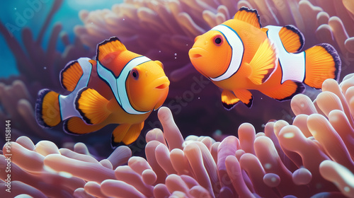 Clownfish Swimming Among Colorful Sea Anemones in Vibrant Coral Reef