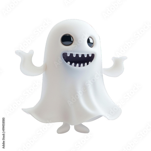 Friendly cartoon ghost is waving and smiling, showing off its big teeth